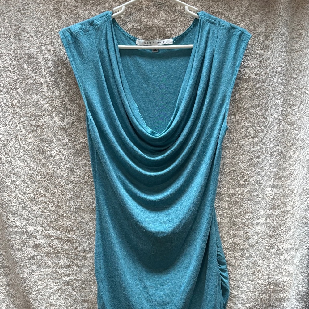 VGUC Women's Max Studio size S blue top with draping/cowl neck, gathered sides.